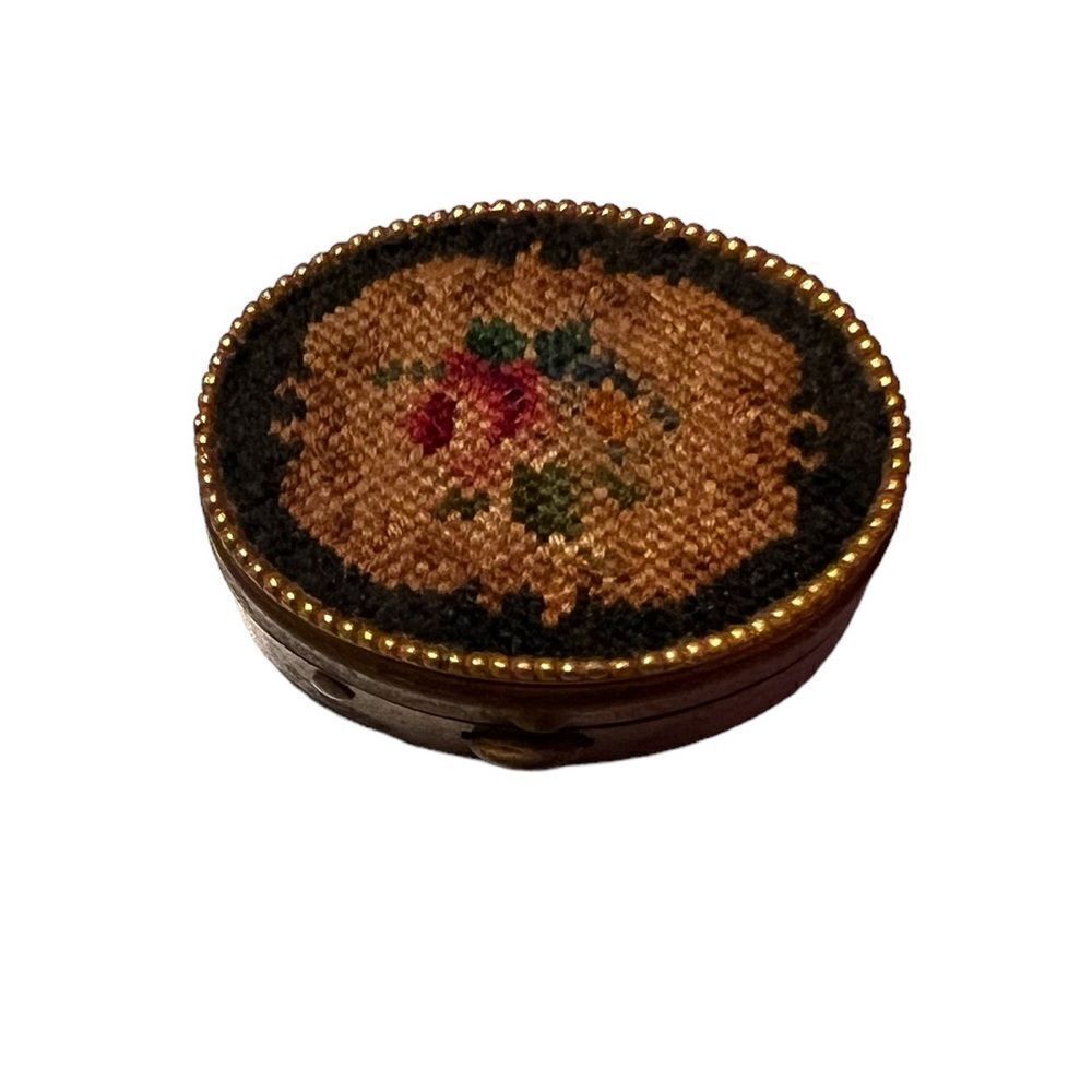 Vintage Gold Tone Embroidered Trinket Box